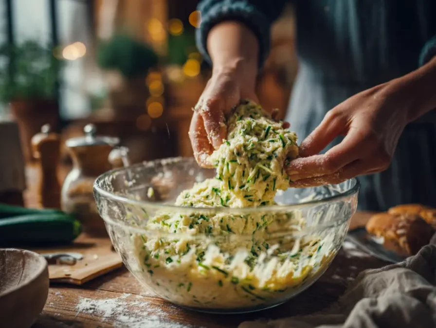 Hands mixing zucchini bread batter in bowl