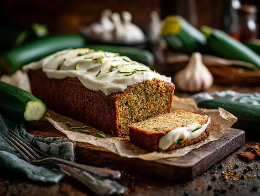 Freshly baked zucchini squash cake with frosting, zucchini squash cake recipe