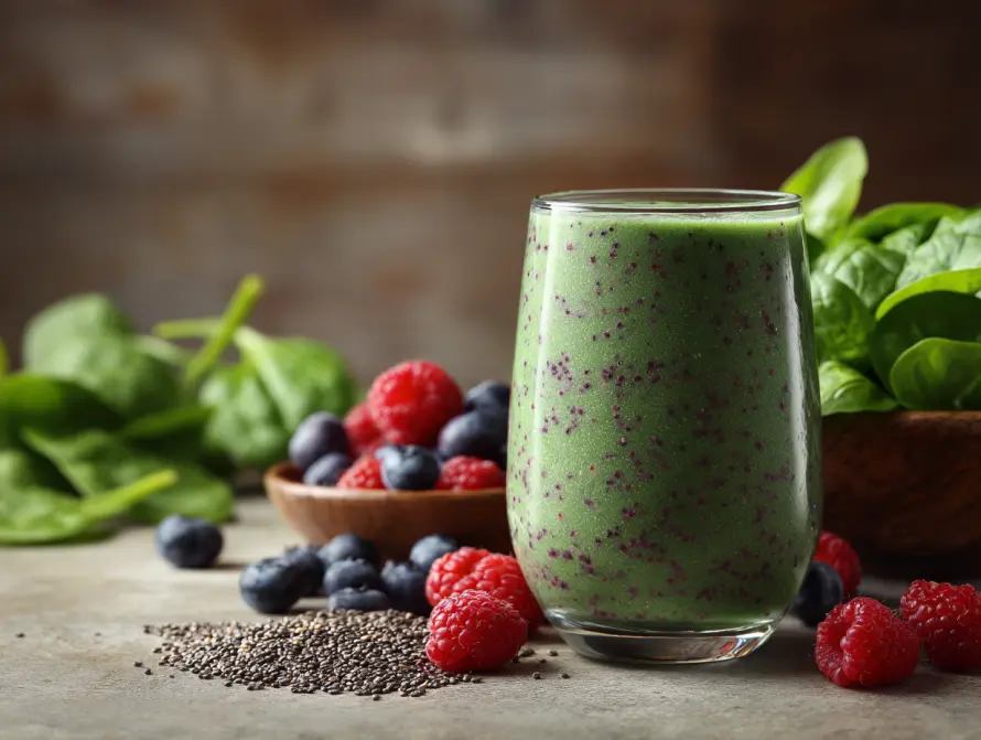 Zepbound smoothie with spinach, chia, and berries