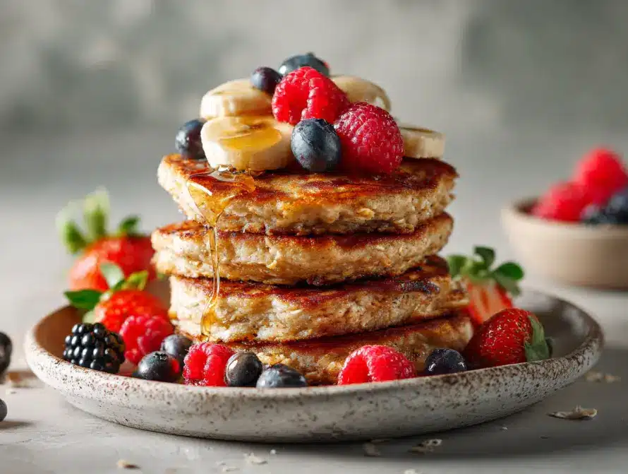 Fluffy no egg pancakes topped with fresh berries and syrup