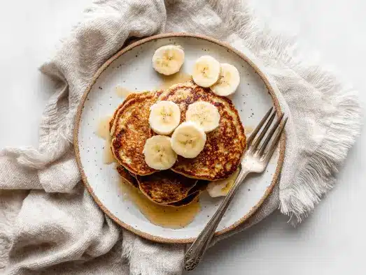 Overhead view of no egg pancakes on a plate
