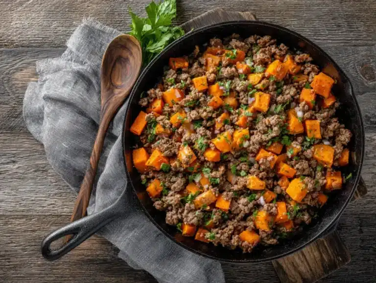 Overhead shot of ground meat and sweet potatoes skillet