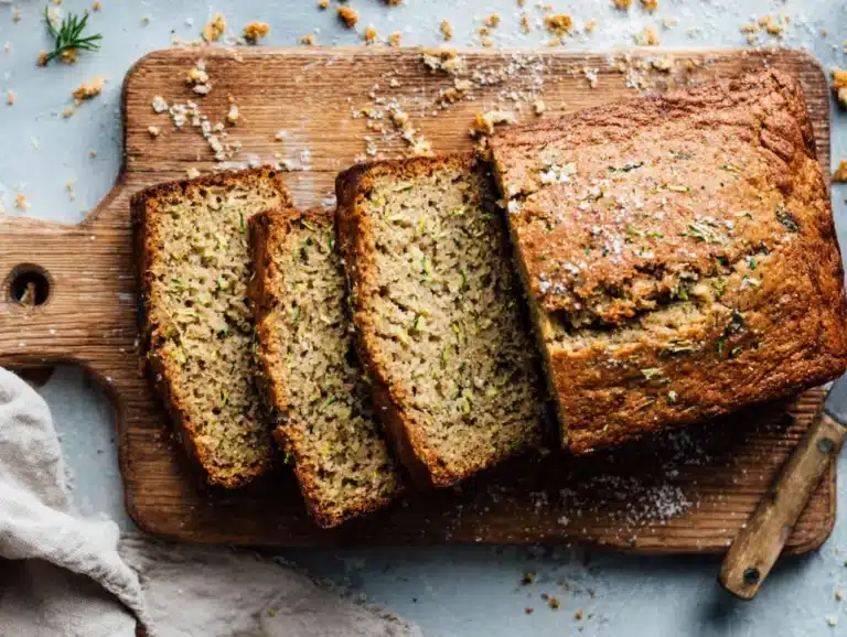 Overhead zucchini bread with sliced pieces