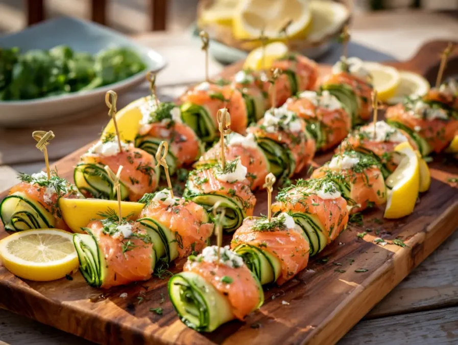 Party serving board smoked salmon cucumber rolls Chatelaine Smoked Salmon Roll on Cucumber Recipe
