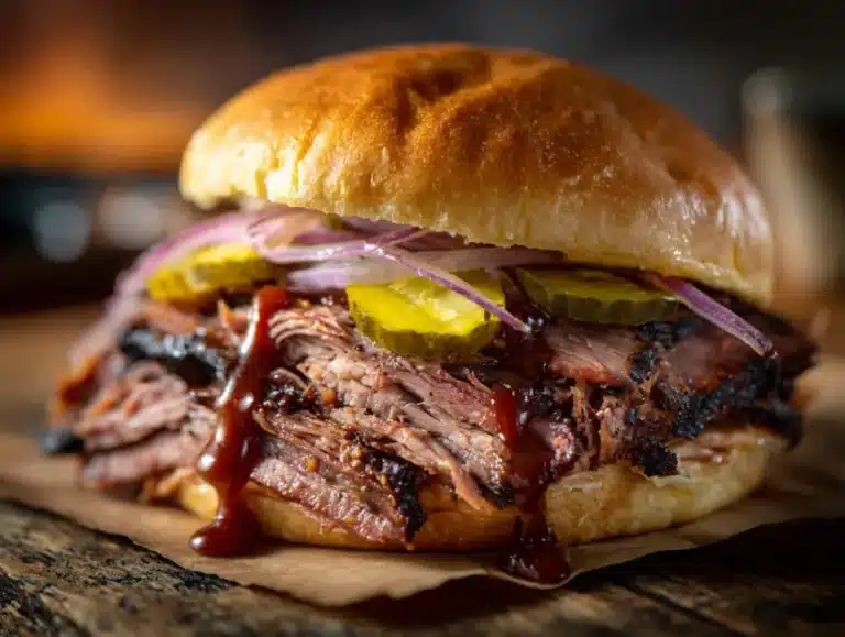 Pellet smoked brisket sandwich with pickles
