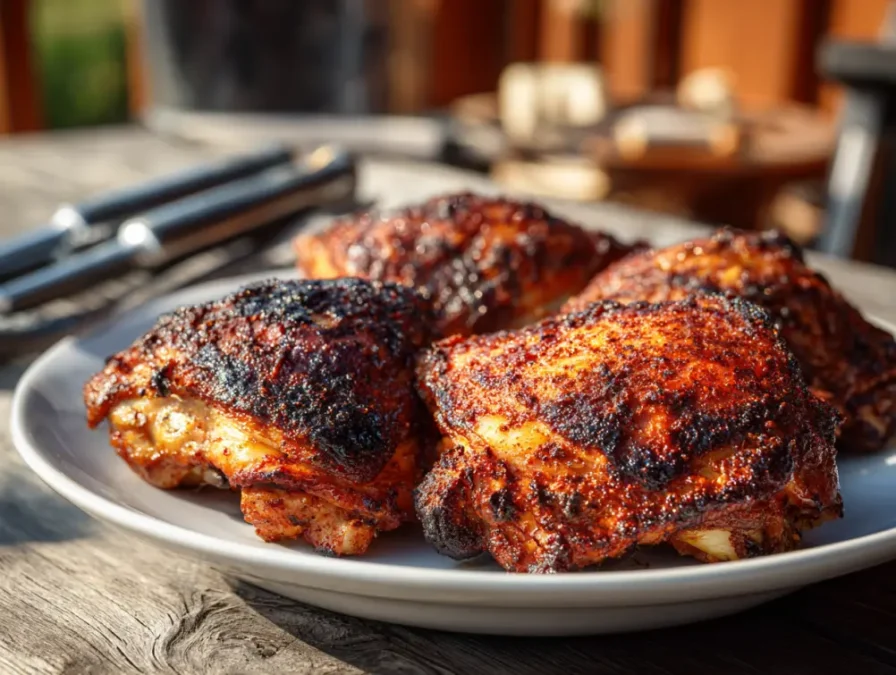 Pellet smoked chicken thighs served on platter