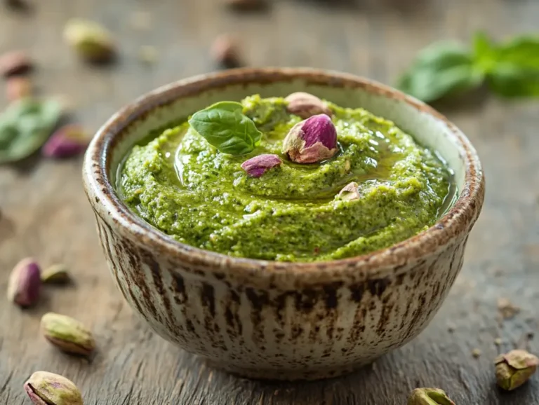 Recipe card for pistachio butter with handwritten notes in a warm kitchen scene