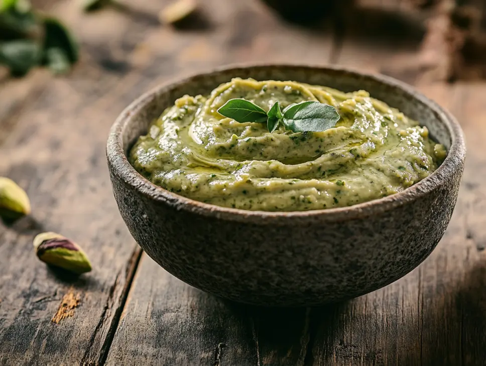 Creamy pistachio butter in rustic bowl on wooden table with morning light