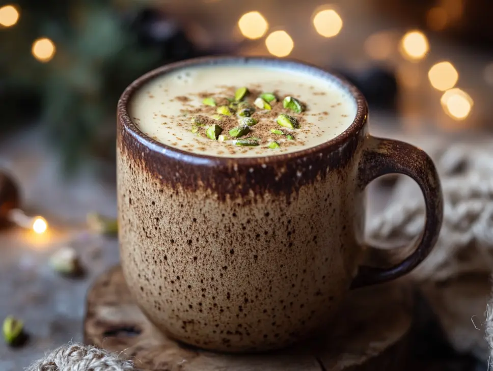 Pistachio cream latte in rustic ceramic mug on cozy wooden table