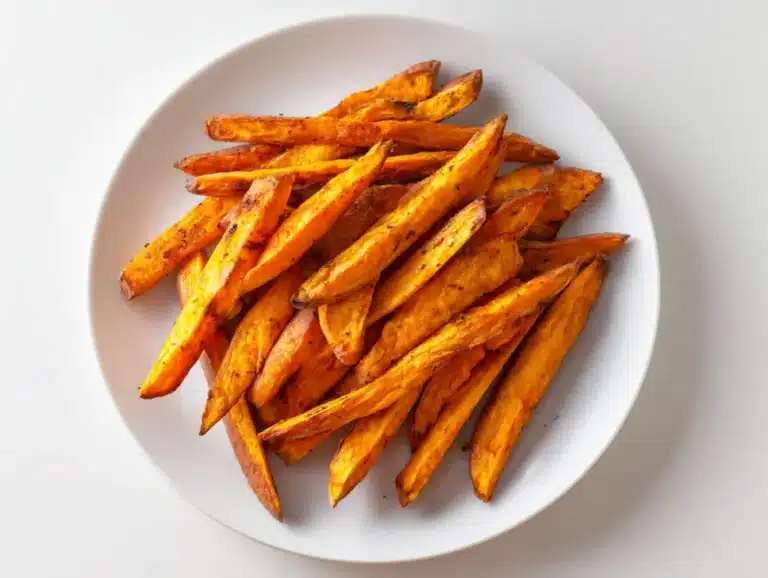 Portion of 15 sweet potato fries on white plate