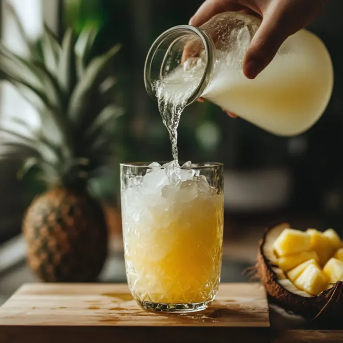 Pineapple juice being poured into coconut water with ice, close-up hand shot