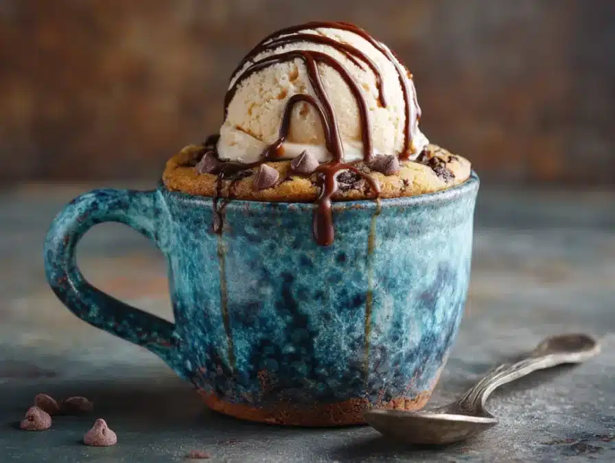 Chocolate chip mug cake batter ready for microwave  chocolate chip cake mug