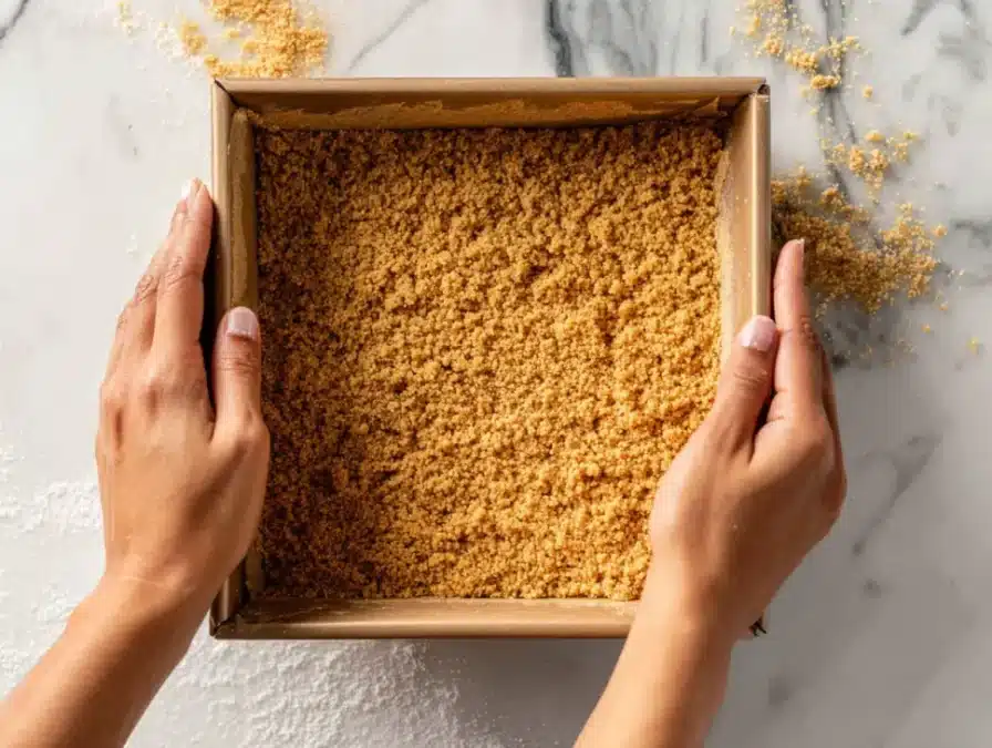 Pressing graham cracker crust into a pan for lemon cream pie bars