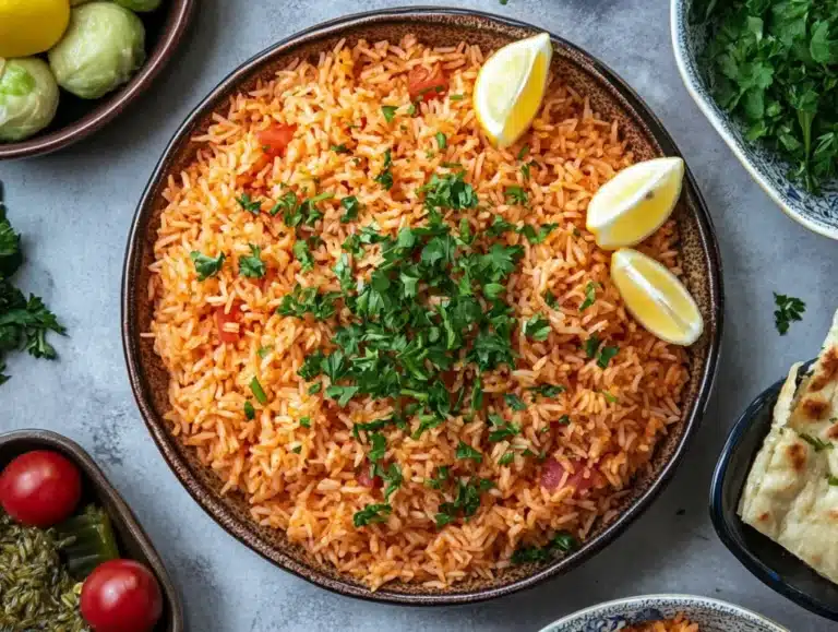 Mediterranean rice recipe card in rustic handwritten layout with key ingredients shown
