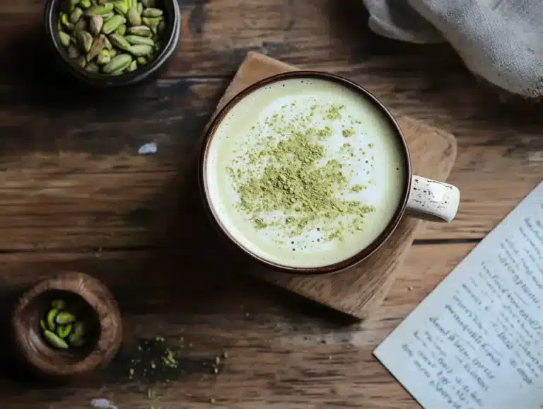 Printed pistachio latte recipe card with ingredients on rustic table