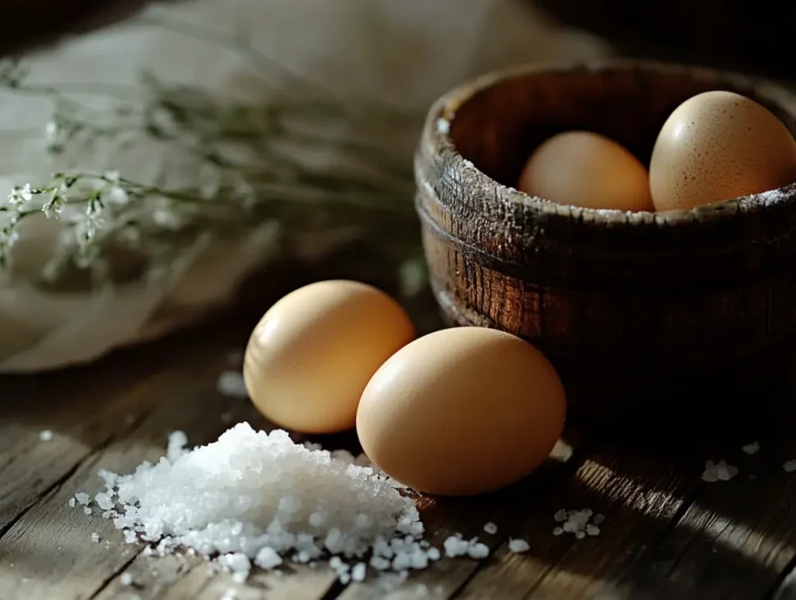 Raw duck eggs beside pot of water and salt on wooden kitchen counter