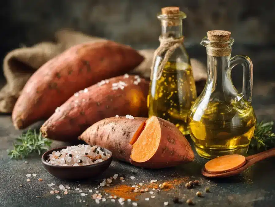 Raw sweet potatoes and oil for making fries, How Many Calories Is Sweet Potato Fries
