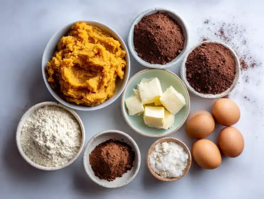 Ingredients for sweet potato cocoa brownies arranged on clean surface