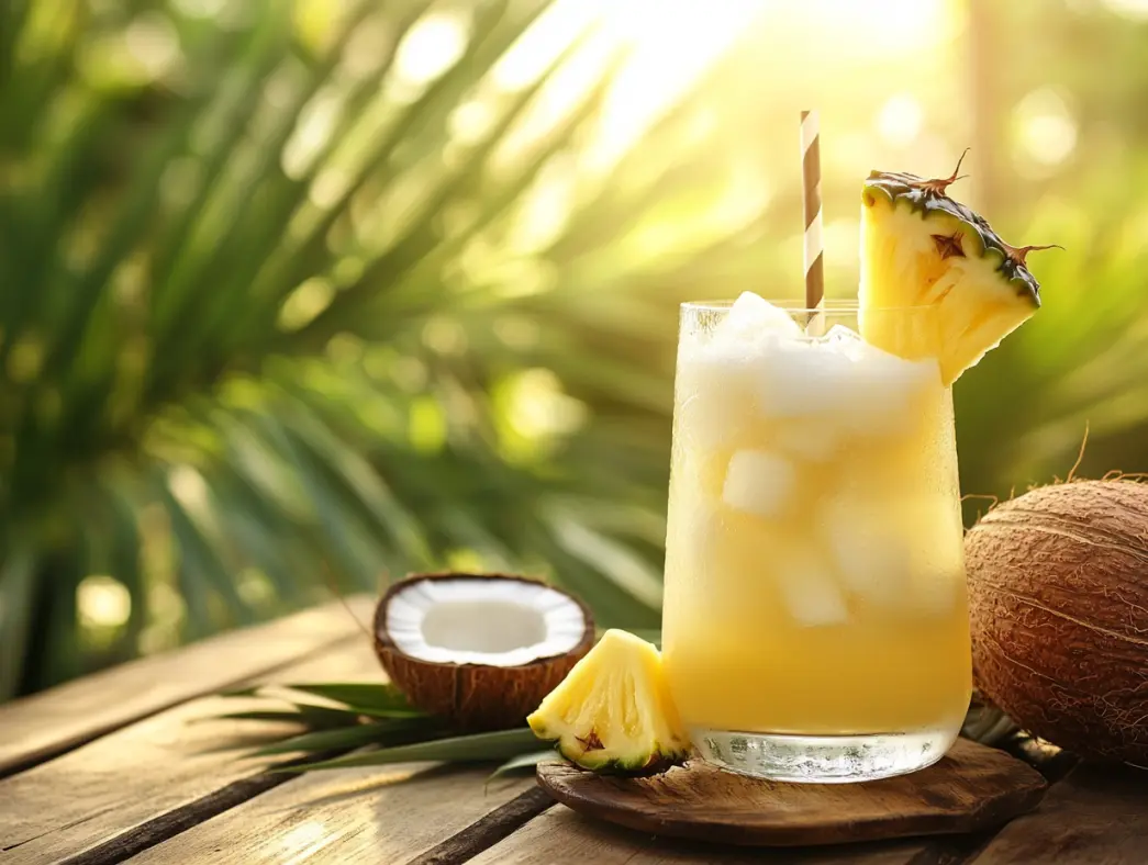 Glass of coconut water and pineapple juice on rustic wooden table in tropical sunlight