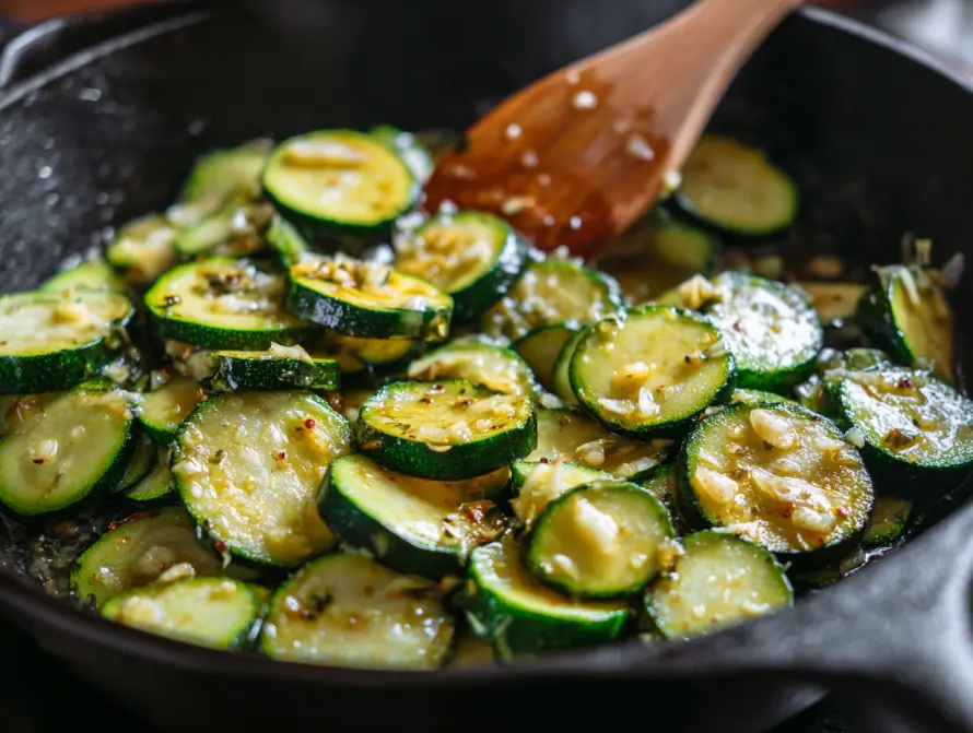 sautéing black beauty zucchini in cast iron pan