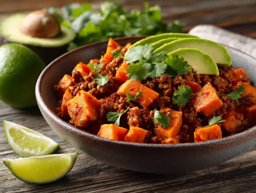 Served bowl of ground meat and sweet potatoes with toppings