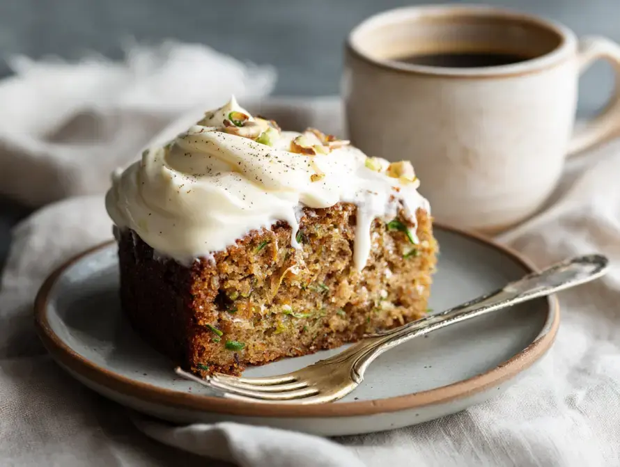 Slice of zucchini cake with frosting and coffee