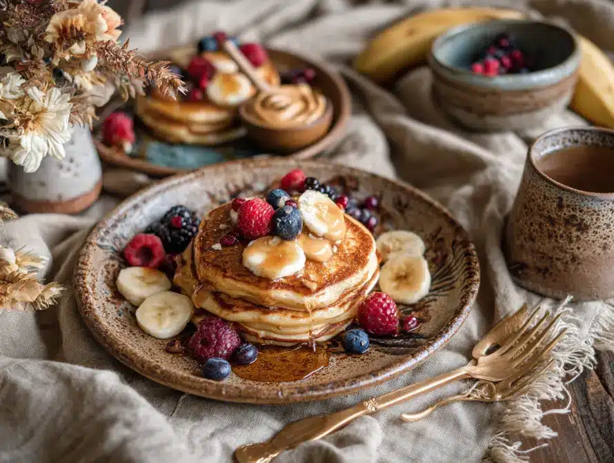 Pancakes with toppings like syrup, peanut butter, and fruit, recipe for no egg pancakes