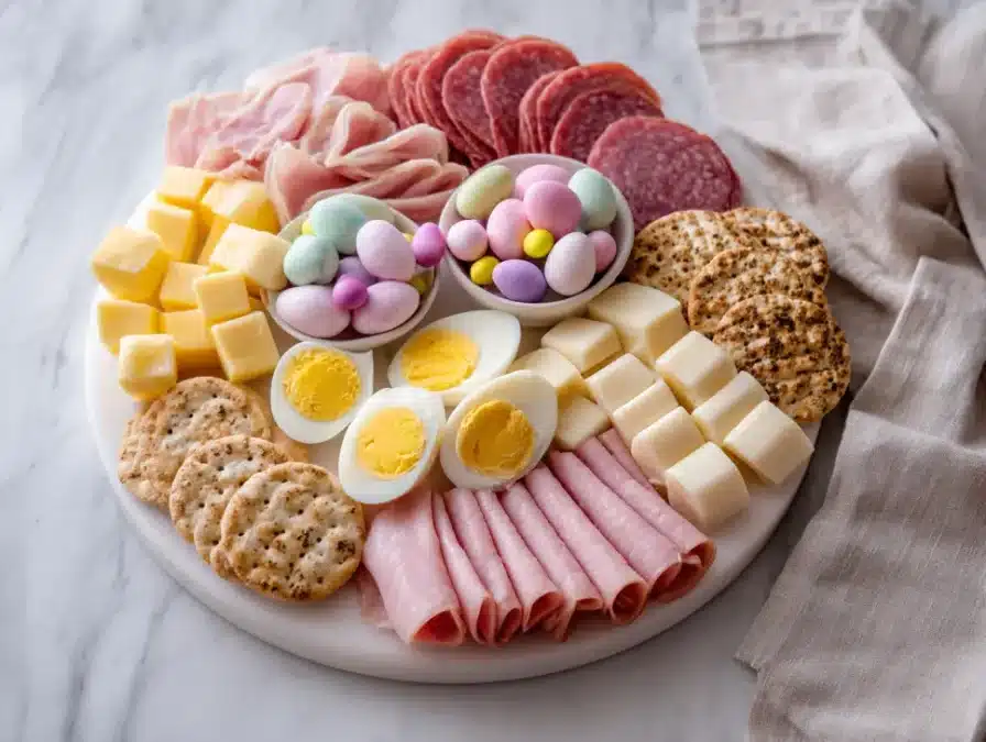 Simple Easter board with meats, crackers, and candy