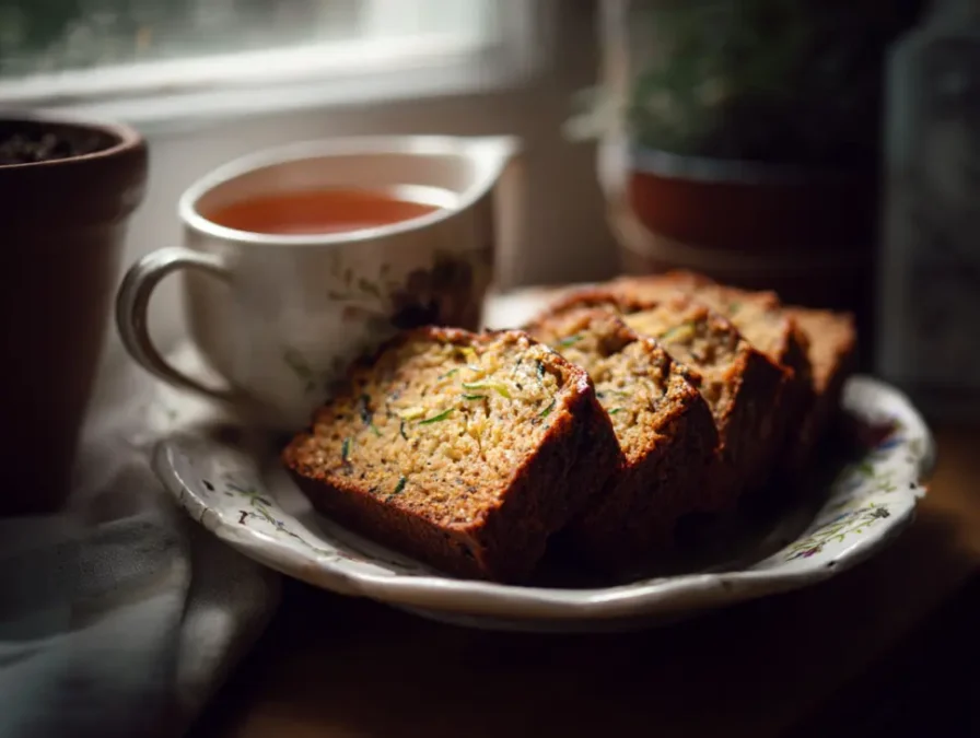 Sliced zucchini bread with tea on morning table Zucchini Bread Day 