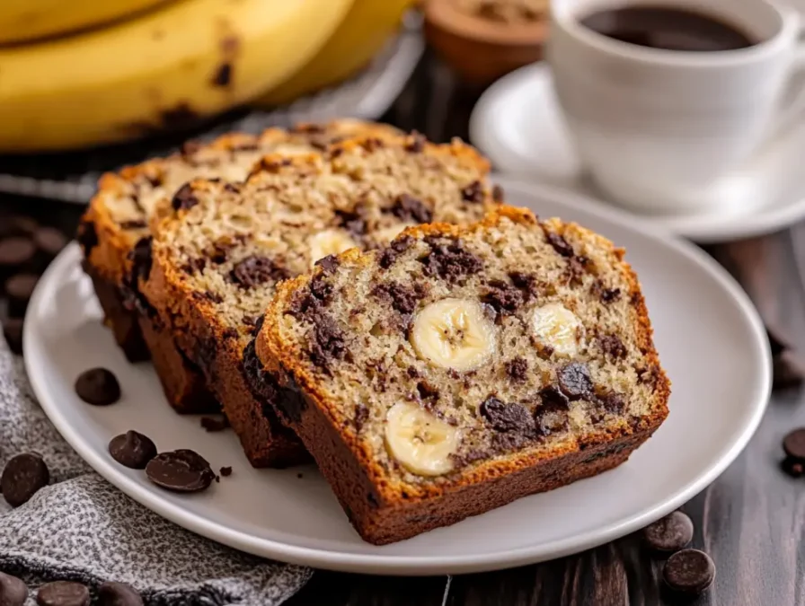 Served banana and chocolate chip bread slices on plate with coffee