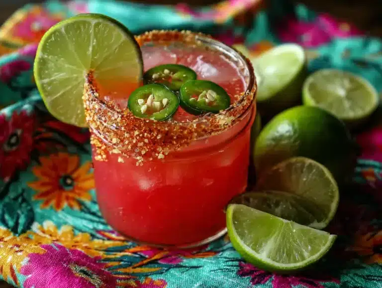 Spicy watermelon lime mocktail with chili salt rim