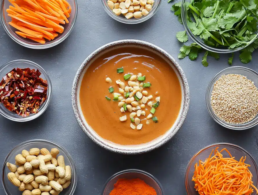 Flat lay of Spring Roll Peanut Sauce with labeled ingredients in recipe card style