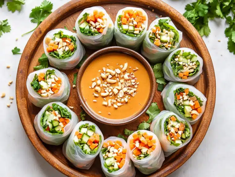 Spring rolls served with peanut dipping sauce, peanuts, and cilantro on platter