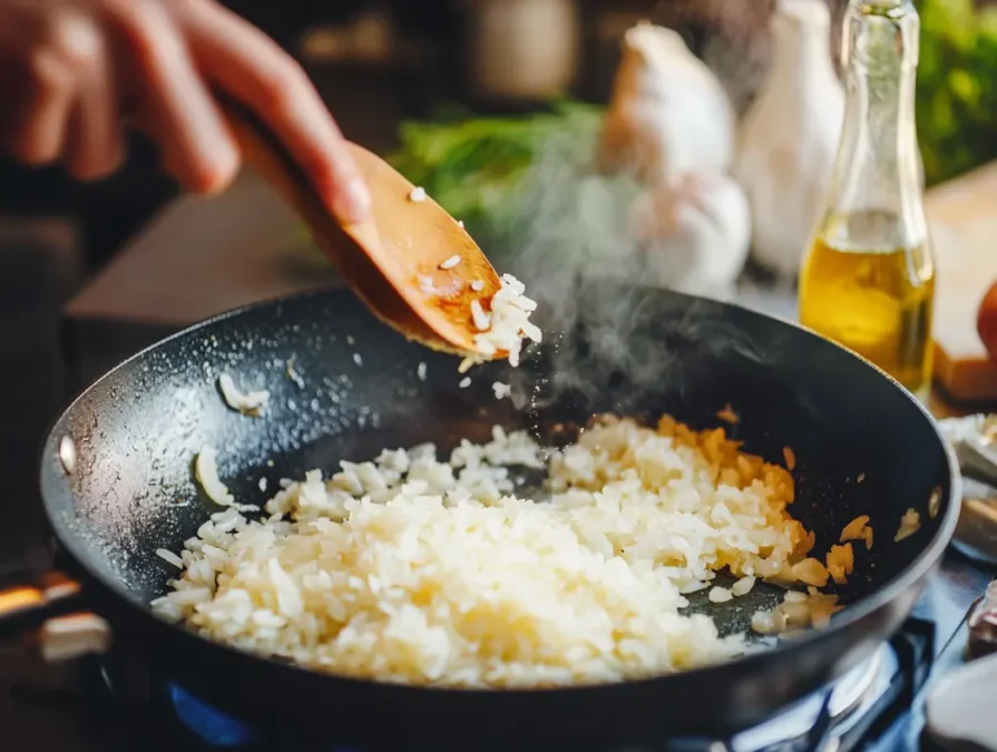 Pan with onions and garlic sautéing for Mediterranean rice in home kitchen