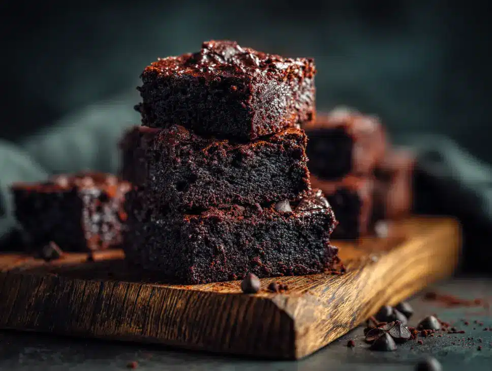 Fudgy sweet potato cocoa brownies stacked on wooden board