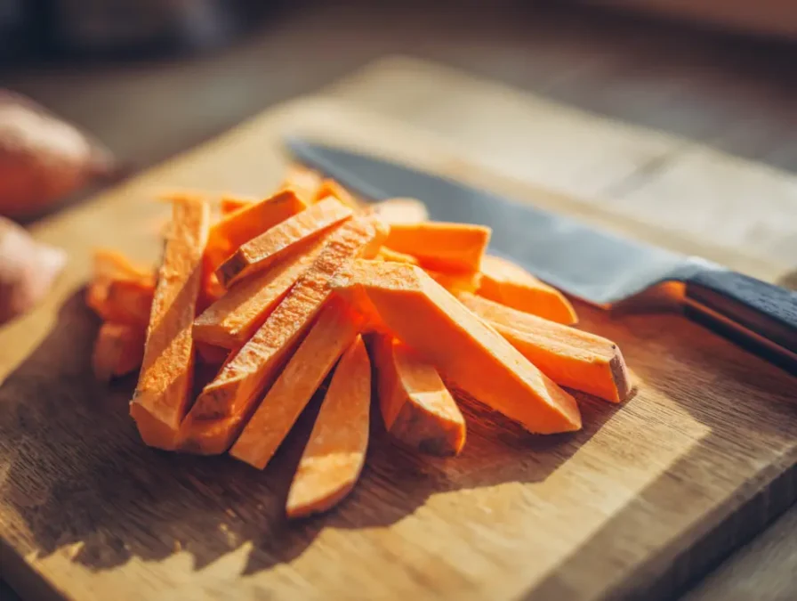 Sweet potato fries being sliced for baking
