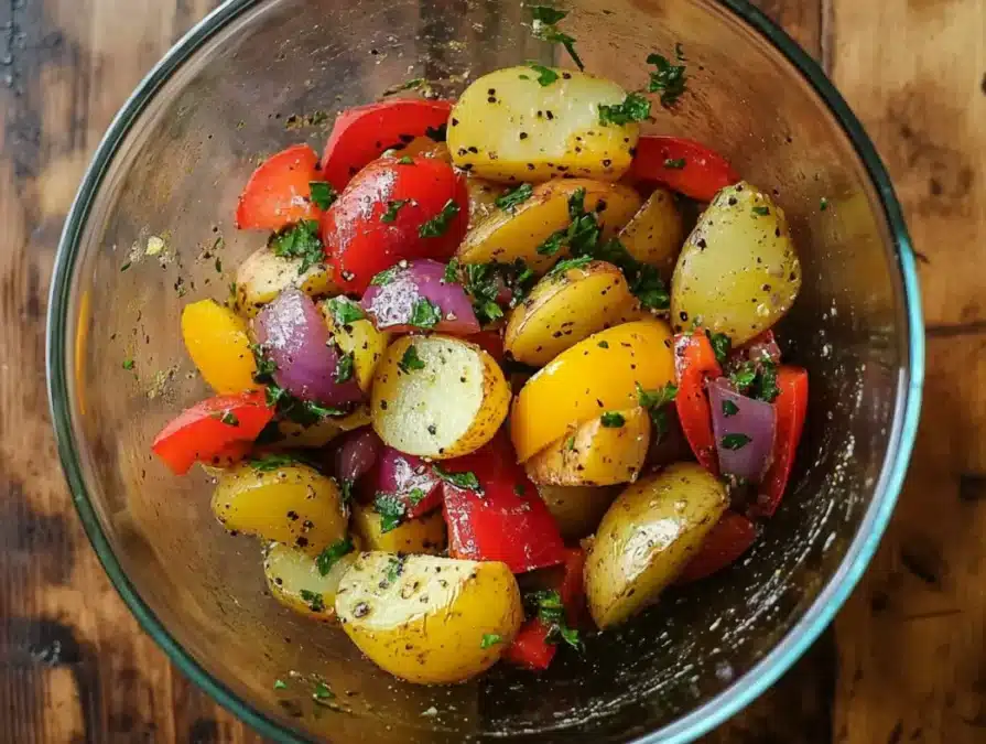 Mixing roasted potatoes, peppers, and onions with oil and seasoning in a large bowl