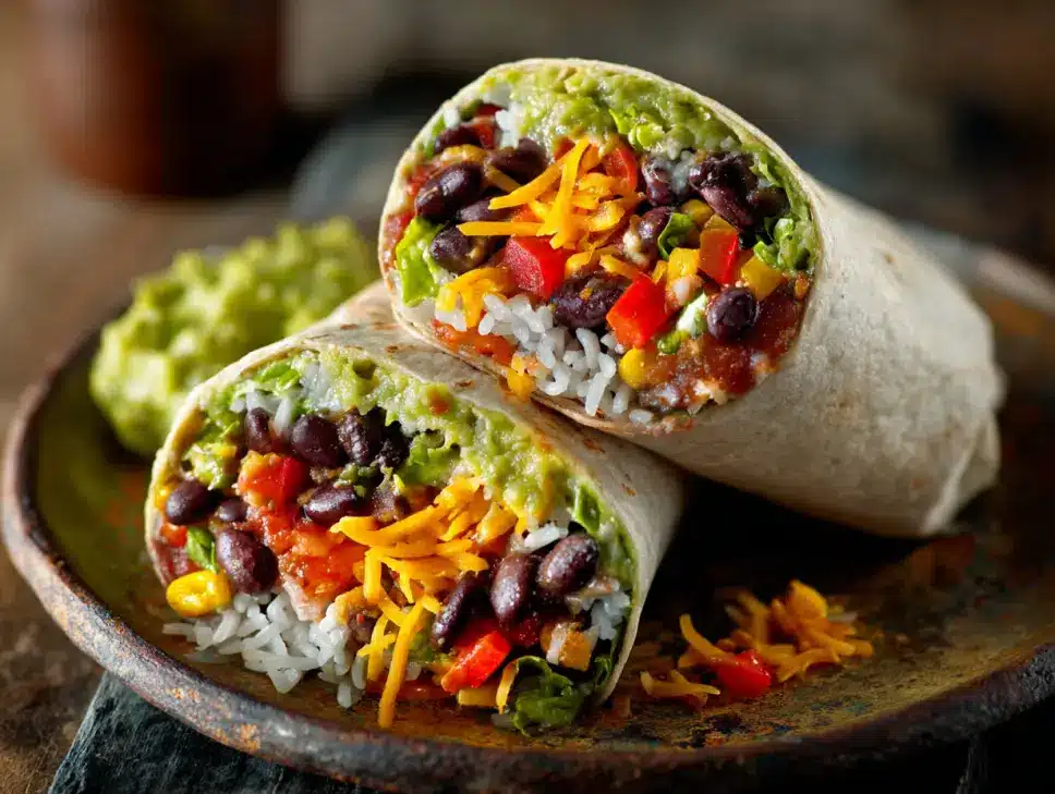 Colorful vegetarian Mexican burrito with fresh toppings