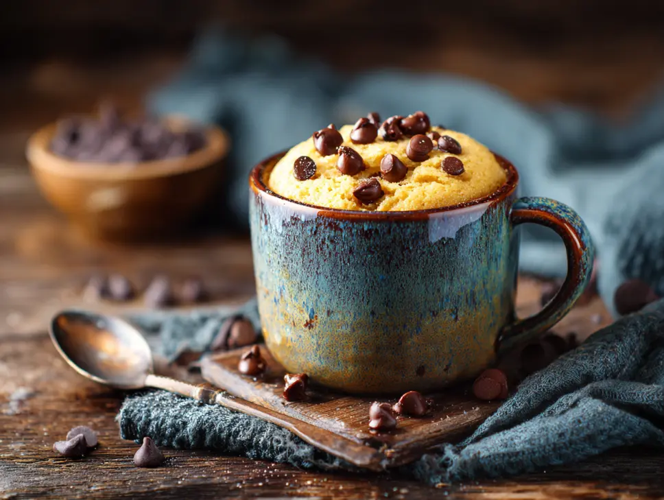 Chocolate chip mug cake on rustic plate