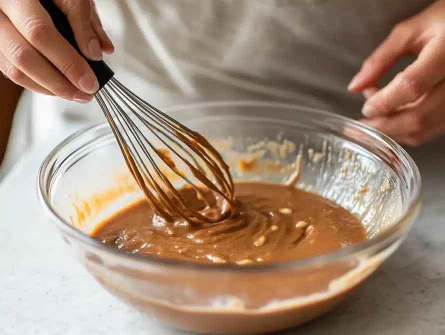 Whisking peanut sauce in clear bowl with light from nearby window