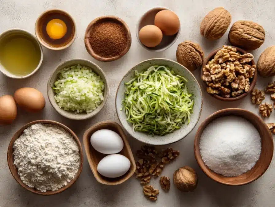 Flat lay of zucchini bread ingredients on counter