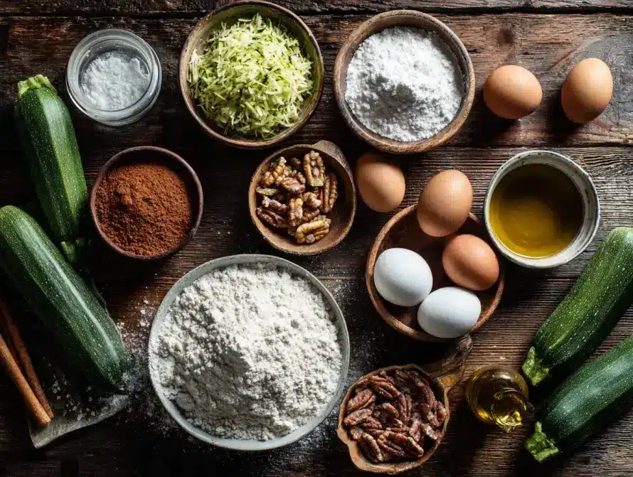 Ingredients for zucchini squash cake neatly arranged zucchini squash cake recipe 