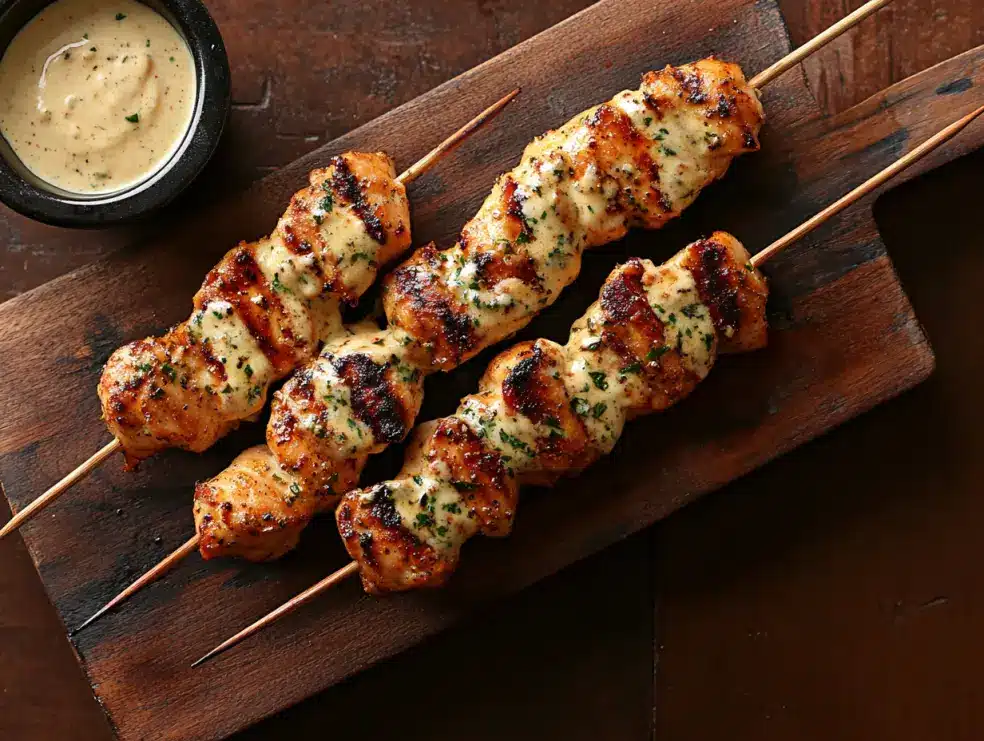 Garlic Ranch Parmesan Chicken Kabobs on skewers