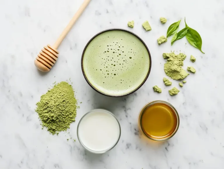 recipe card for matcha drink with ingredients