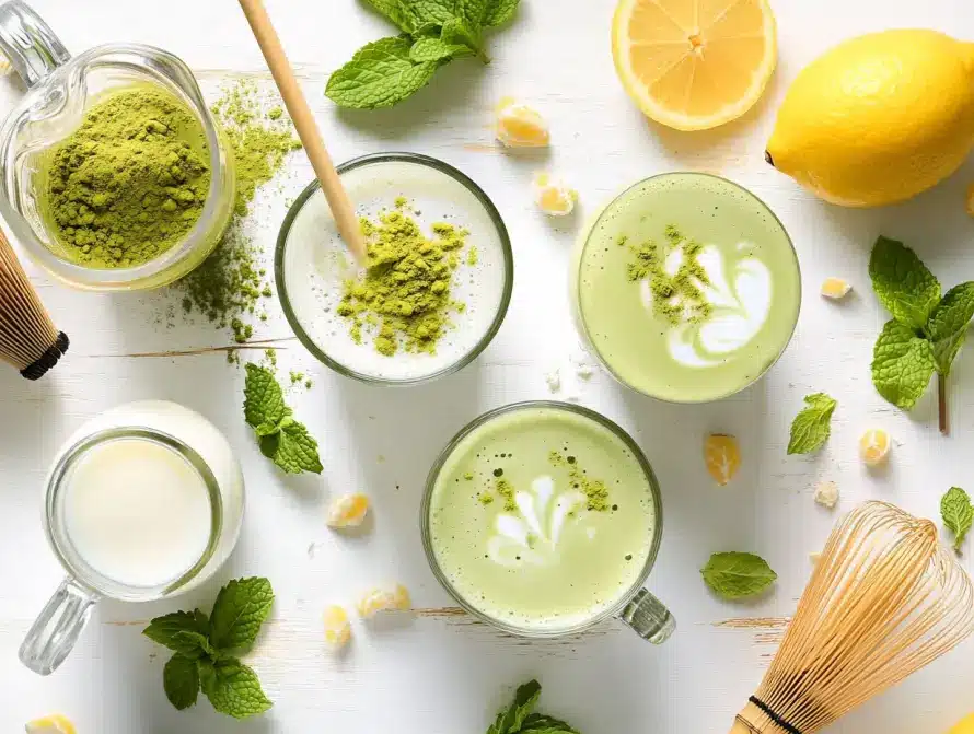 matcha recipes drink with latte, iced matcha, and fresh ingredients
