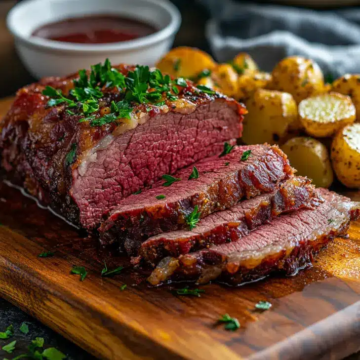 Sliced cooked corned beef served with cabbage and potatoes