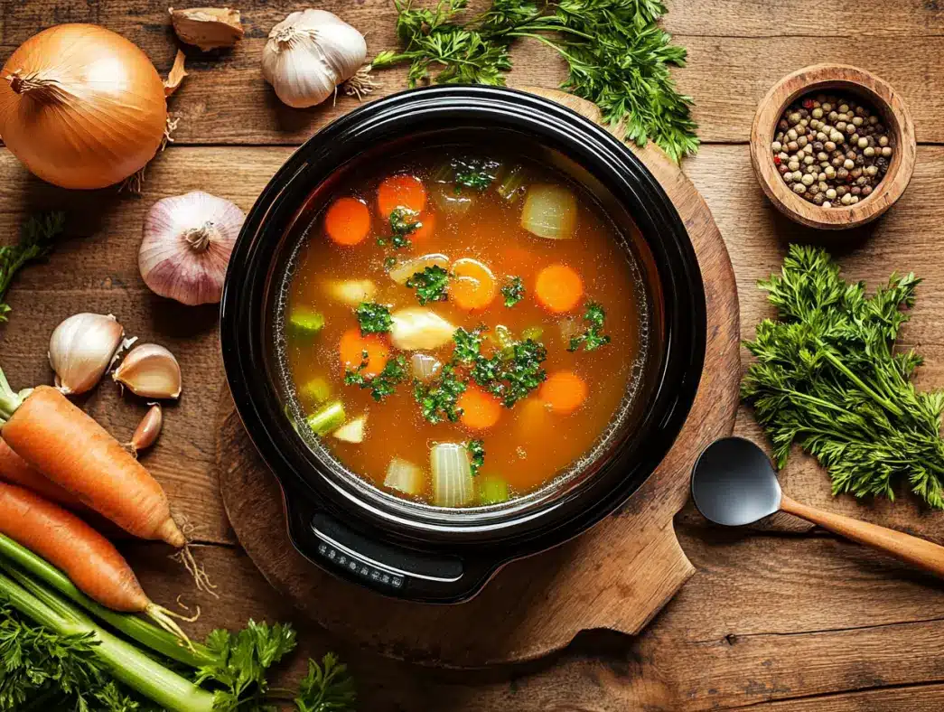 Slow cooker chicken stock simmering in a rustic kitchen