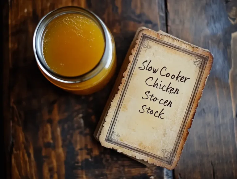 Recipe card and jar of slow cooker chicken stock