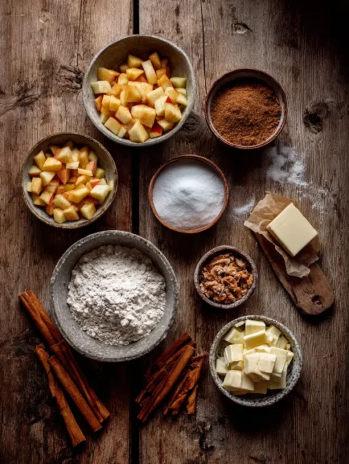 Ingredients for gluten-free caramel apple cookies on wooden counter
