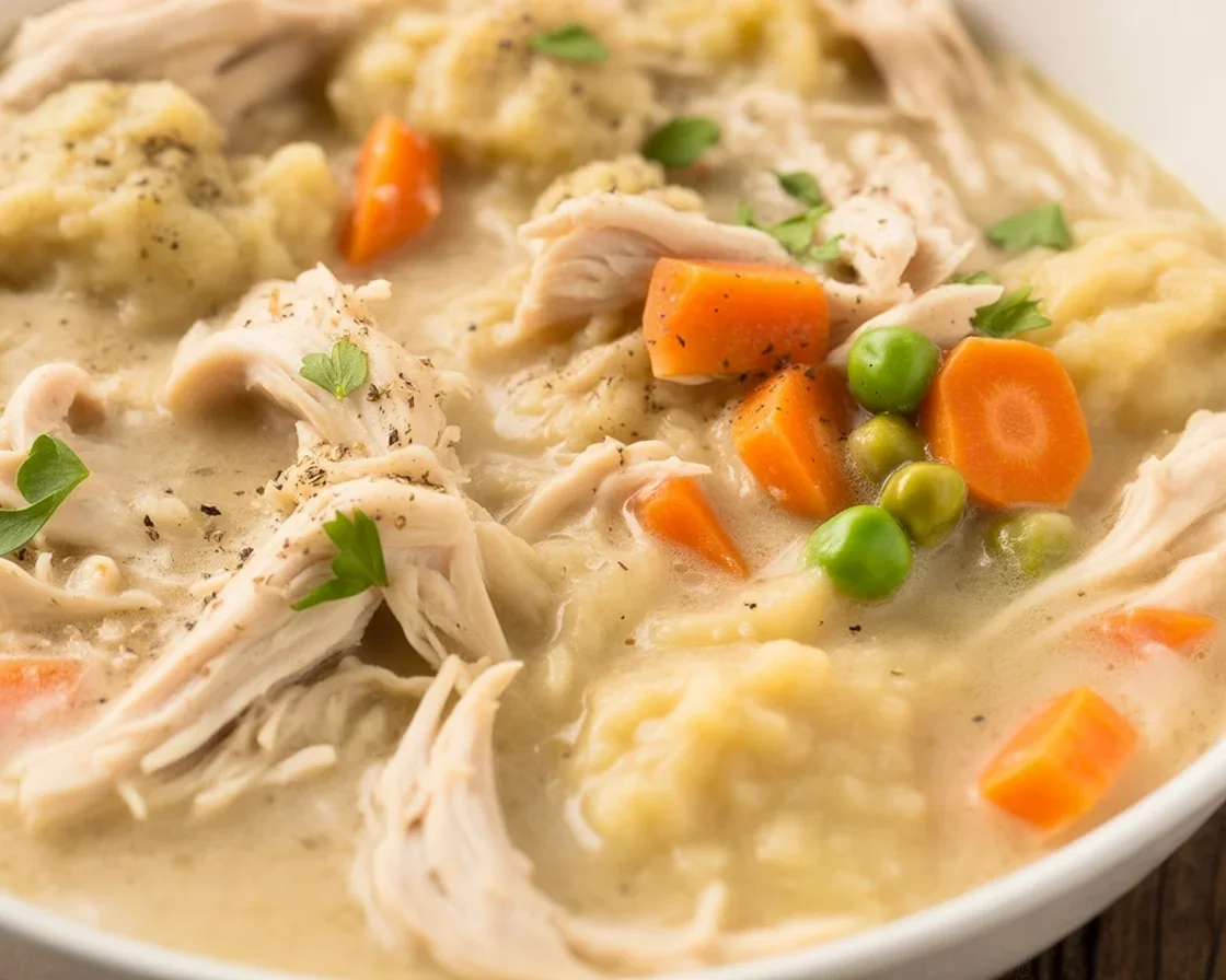 Delicious bowl of crockpot chicken and dumplings with creamy sauce and fluffy dumplings.